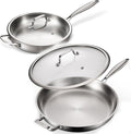 DELARLO 2-Piece Stainless Steel Pan 12-inch & 14-Inch, Frying Pan with Lid, Heavy Duty, Compatible with Induction, Electric up to 650℉, Fast & Even Heating, Durable, Dishwasher, Oven Safe Skillet