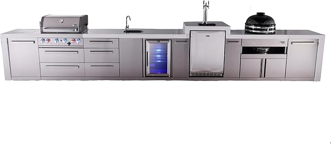 Mont Alpi Premium 4-Burner 226" Deluxe Stainless Steel Island Modular Outdoor Kitchen Island BBQ Gas Grill + Side Burner + Beverage Center Faucet Sink + Kegerator + Kamado + Storage Drawers & Cabinets