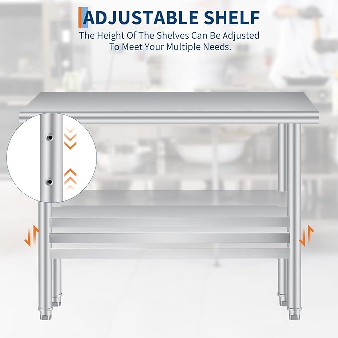  Stainless Steel Prep Table, 24 x 60 Inches, with Rounded-Corner, Adjustable Undershelf, Commercial Heavy Duty Table with Adjustable Under Shelf for Outdoor Use,Restaur