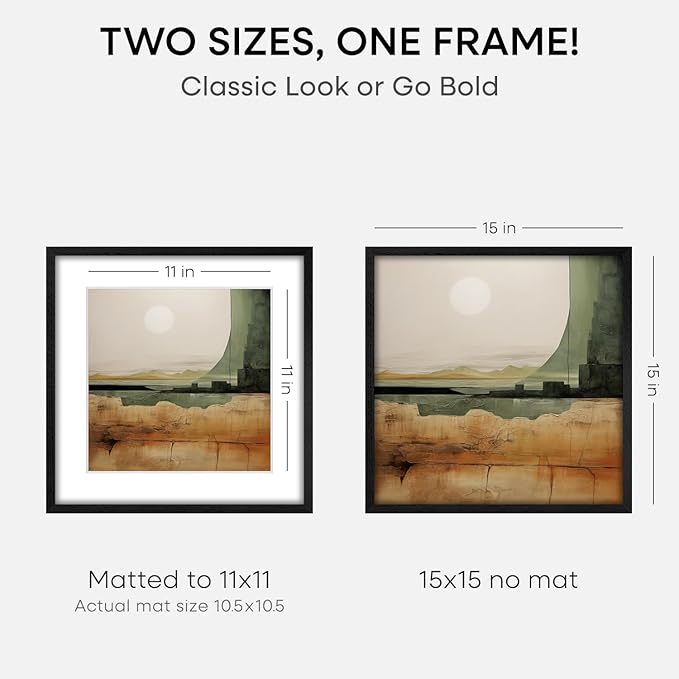 Homeforia 15x15 Black Wood Frame, High End Oak 15 x 15 Square Picture Frames with Mat 11 by 11 inches Photo, 15by15 Black Wooden Poster Frames Matted to 11x11 Print, Tempered Glass, Wall Kit, Set of 2