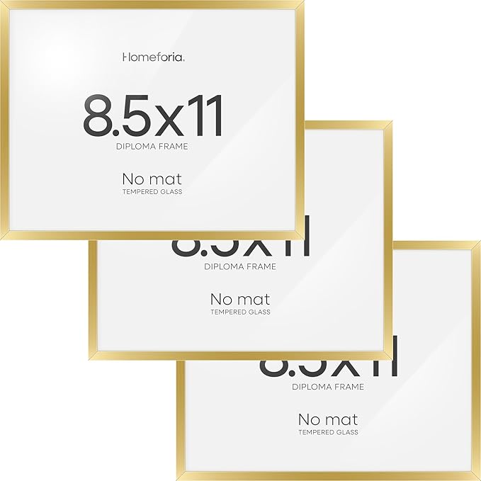 Homeforia Gold Diploma Frame 8.5 x 11, High End Metal 8.5x11 Certificate Frames, 11x8.5 Document Frame for Wall or Tabletop, 8.5 by 11 Letter Size Graduation Frames, Tempered Glass, Wall Kit, Set of 3