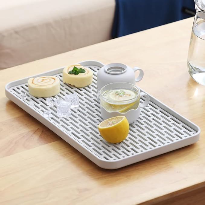 Plastics Drain Tray, Cup & Dish Drying Rack, Drain Board 2 Tier Non Slip Serving Tray with Drainboard Perfect for Sink, Coffee Table, Outdoor (12.2 x 7 x 0.98 in)