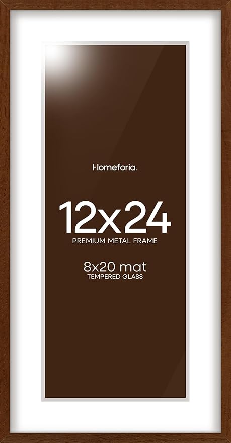 Homeforia 12x24 Picture Frame Brown, High End Dark Oak 12x24 Walnut Wood Poster Frame with Mat 8x20 Print, 12 x 24 Wooden Frame Matted to 8 x 20 Photo, 24x12 Frames, Tempered Glass, Wall Kit, Set of 1