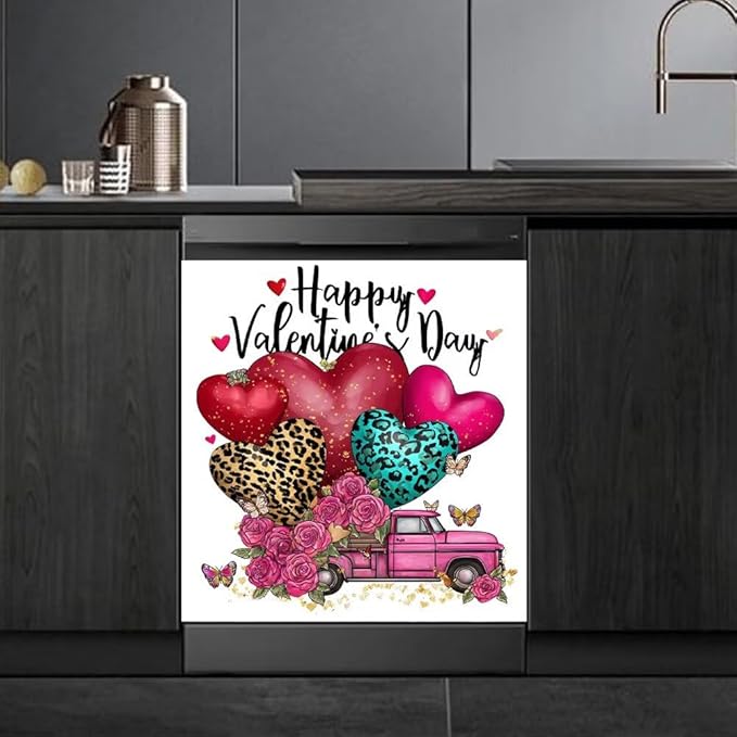 Happy Valentine's Day Magnetic Dishwasher Cover Vinyl Sticker,Pink Truck with Hearts and Roses Dishwasher Magnet Cover, Fridge Door Cover Magnets Art Skin Panel Decal for Home Decor, 23"X26"