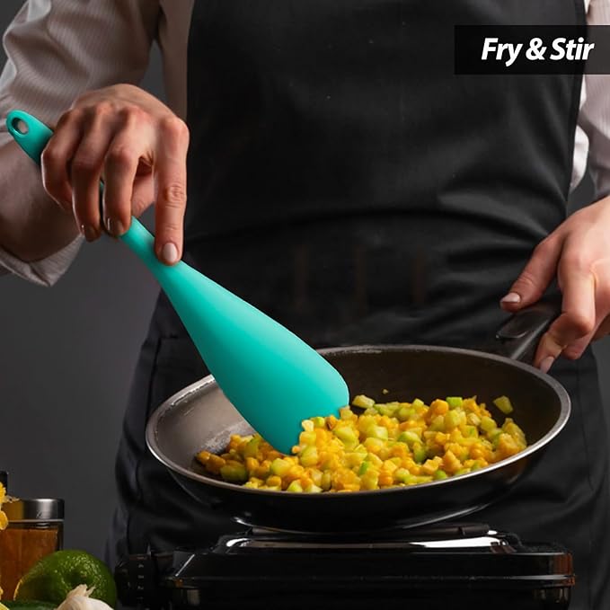 Cooking Spoon for Nonstick Cookwares, VOVOLY Silicone Spoon for Mixing, Scoop, and Scrape,Seamless Design, 12.6'', 2 Pack, Teal