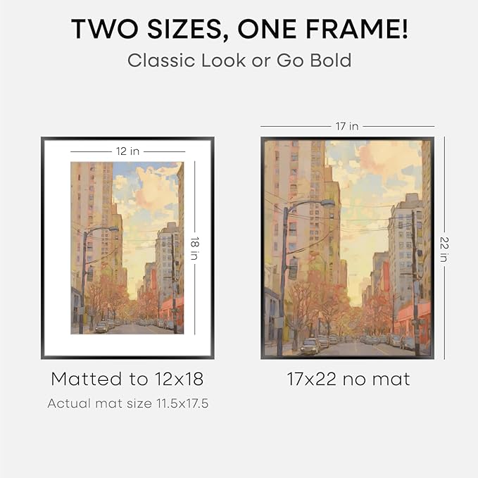 Homeforia 17x22 Picture Frame Black, High End Metal 17x22 Poster Frames with Mat 12x18 for Photo, 17 x 22 Black Frame Matted to 12 x 18 inch Print, 22x17 Thin Frame, Tempered Glass, Wall Kit, Set of 2