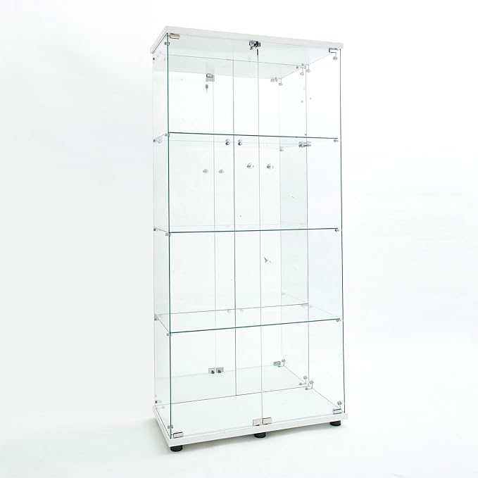 Glass Display Cabinet with LED Light Strip & Mirror Back Panel, 4 Shelves with 2 Doors, Curio Storage Cabinets with Lock for Living Room, Office, Floor Standing Glass Bookshelf - White