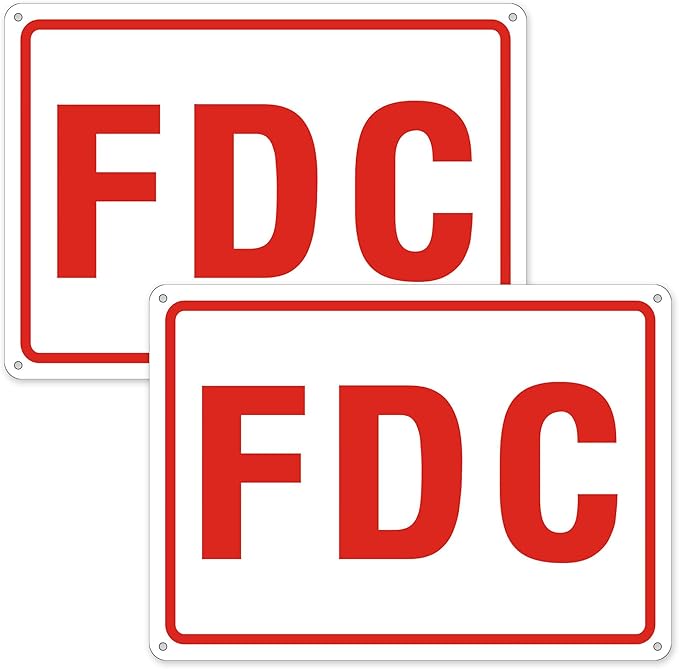 FDC Sign, 2 Pack Outdoor Aluminum Metal Sign, FDC Signs for Fire Department Connection, UV Protected Weather Resistant and Easy to Install (White Color, 10 x 7 inches)