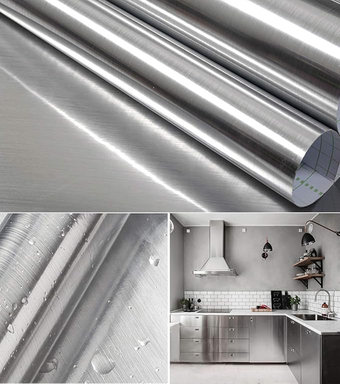 Hopepak Stainless Steel Contact Paper Peel and Stick Waterproof Silver Metallic Wallpaper Self Adhesive Removable Vinyl Roll for Kitchen Cabinet Refrigerator Dishwasher Countertop 17.3''x78.7''