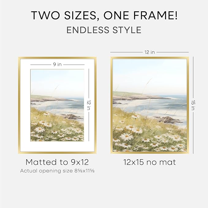 Homeforia 12x15 Picture Frame Gold, High End Metal 12x15 Poster Frames with Mat 9x12 for Photo, 12 x 15 Gold Frame Matted to 9 by 12 Print, 15x12 Thin Hanging Frame, Tempered Glass, Wall Kit, Set of 3