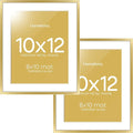 Homeforia 10x12 Picture Frame Gold, High End Metal 10x12 Poster Frames with Mat for 8x10, 10 x 12 Gold Frame Matted to 8 x 10 inch Photo, 10by12 Thin Hanging Frames, Tempered Glass, Wall Kit, Set of 2
