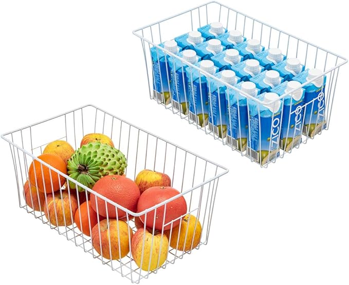 Large Wire Storage Baskets Freezer Baskets Organizer, Refrigerator Metal Wire Storage Divider, Wire Storage Basket with Handles for Kitchen, Pantry, Cabinet, Closets - Set of 3 (3, 16in x 10in x 7in)