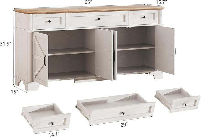 65 Inch Farmhouse Buffet Cabinet with Storage, White Sideboard Buffet Cabinet with Adjustable Shelves & 3 Drawers, Buffet Table Coffee Bar Wine Bar Storage for Kitchen & Living Room