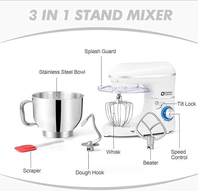 Kitchen in the box Stand Mixer, 6.5QT 660W Kitchen Electric Mixer, 6-Speed Tilt-Head Food Mixer with Dough Hook, Wire Whip and Beater (White)