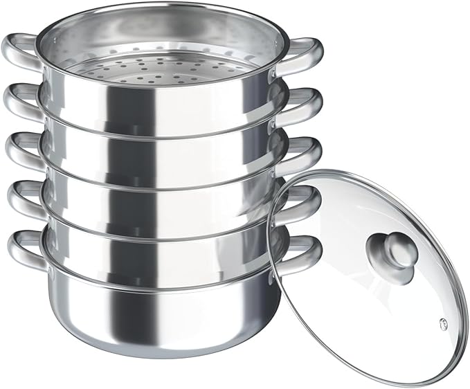 Stainless Steel Steamer Pot, 11.8-Inch Steamer for Cooking, 5-Tier Food Steam Pots with Lid for Cooking Vegetables, Seafood, Soups, Stews, Dumplings and Pasta
