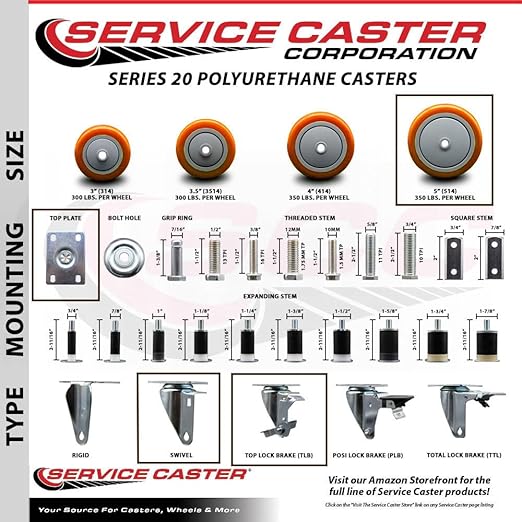 Service Caster Brand Replacement Caster for Uline Caster H-5540SWB - Swivel Top Plate Caster with 5 Inch Orange Polyurethane Wheel and Top Lock Brake - Fits Carts, Dollies and Poly Box Trucks H-3840