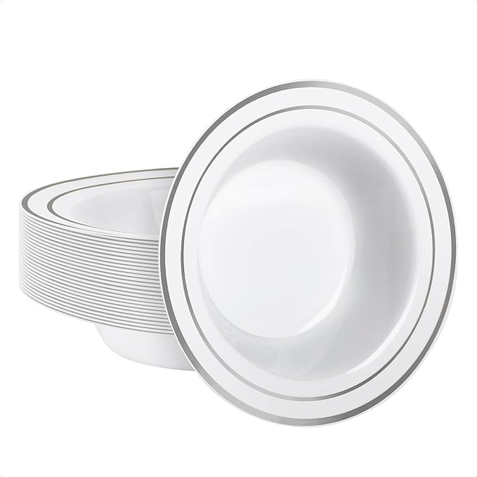 Goodluck 25 Pack Plastic Bowls with Silver Rim, 12oz Disposable Soup Bowls for Weddings, Parties, Dinners, Catering, and Everyday Use