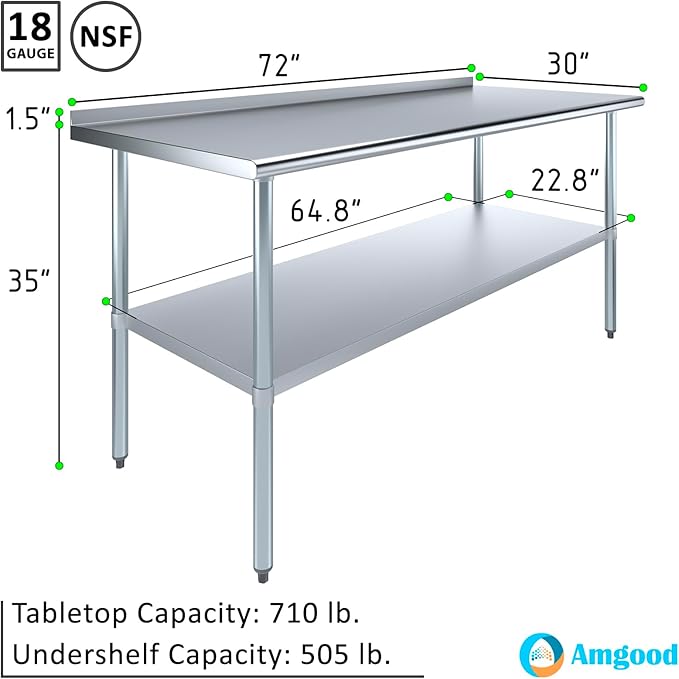 AmGood Stainless Steel Work Table with 1.5" Backsplash | Metal Kitchen Food Prep Table | NSF (72" Long x 30" Deep)