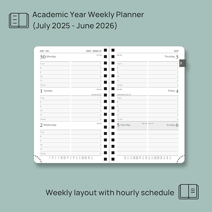 POPRUN Pocket Planner 2025-2026 (Purse Size 4'' x 6.25'') Academic Purse Calendar (July 2025 - June 2026) with Hourly Time Slots, 100GSM Thick Papers, Spiral Leather Cover - Blue Green