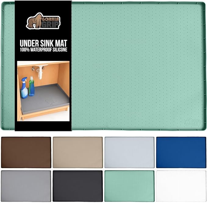 GORILLA GRIP Waterproof Silicone Under Sink Mat with Raised Lip for Kitchen and Bathroom, 28 x 22 in, Cabinet Shelf Liner Stay in Place Mats Dishwasher Safe Drawer Liner, Organizer Tray, Mint