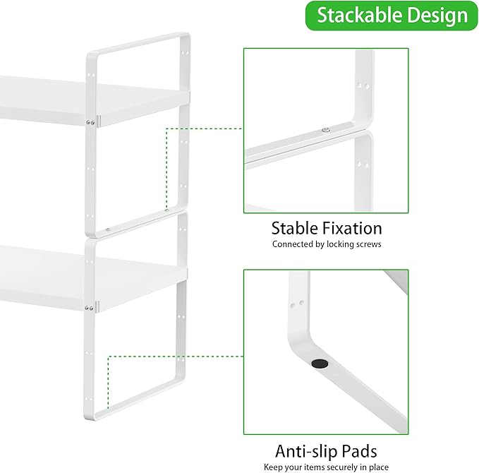 Expandable Cabinet Storage Shelf Stackable Organizer Rack for Kitchen Bathroom Pantry Spice Cupboard Countertop Home Office Desk Heavy Duty Nonslip White Small 1 PACK