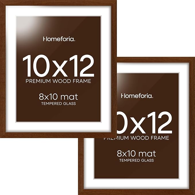 Homeforia 10x12 Brown Picture Frame, High End Dark Oak 10x12 Walnut Poster Frame with Mat 8x10, 10 x 12 Wooden Frame Matted to 8 by 10 inch Photo, 12x10 Thin Frames, Tempered Glass, Wall Kit, Set of 2