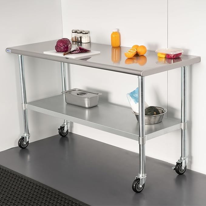 HARDURA Stainless Steel Table with Wheels 30 x 36 Inches Casters NSF Heavy Duty Commercial Prep Table with Undershelf and Galvanized Legs for Food Prep