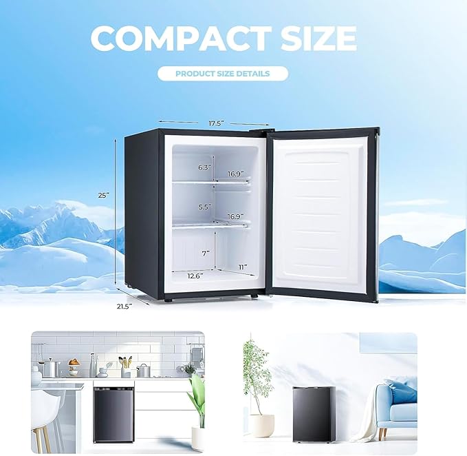 2.1 Cu.ft Small Freezer, Mini Upright Freezer with 7 Adjustable Thermostat, Removable Shelves, Reversible Single Door, for Bedroom/Home/Dorms/Apartment (Black)