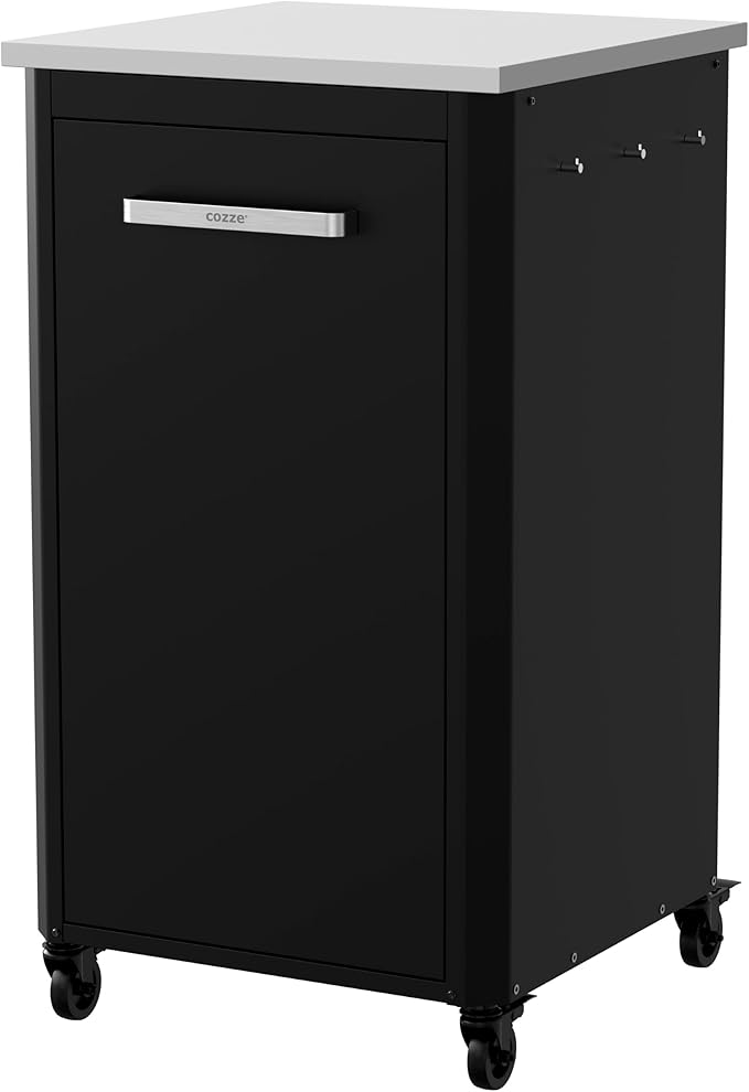 Outdoor Kitchen Table for Pizza Oven & Grill - Tall 110 cm 43" Height - Stainless Steel Worktop, 4 Wheels with Brakes, Modular Design, Storage Space & Hooks, Weatherproof & Robust Cabinet Cart