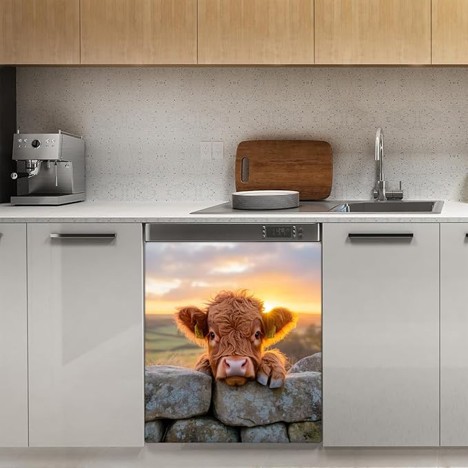 Animal Highland Cow Dishwasher Magnet Cover Highland Cow Magnetic Dishwasher Decorative Cover Front Dishwasher Door Cover Reuseable Dishwasher Cover for Kitchen Refrigerator Home Appliances 23" X 26"