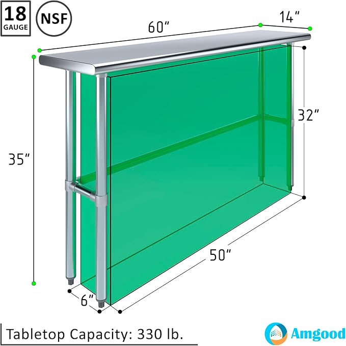 AmGood Stainless Steel Work Table Open Base | NSF Kitchen Island Food Prep | Laundry Garage Utility Bench (60" Long X 14" Deep)