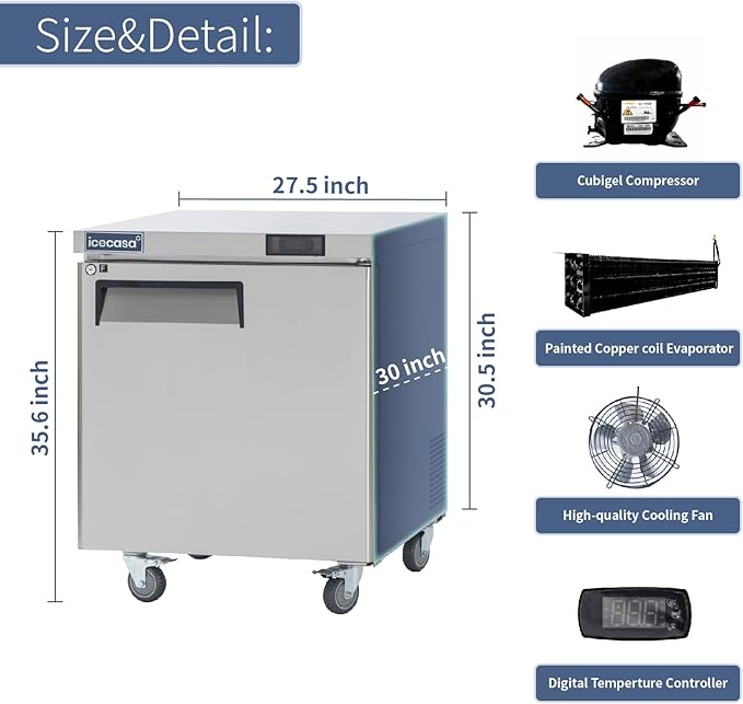 ICECASA 27" W Commercial Freezer Worktop Undercounter Single Door Stainless Steel Counter Fan Cooling Freezer 7 Cu.ft for Restaurant, Bar, Shop, etc