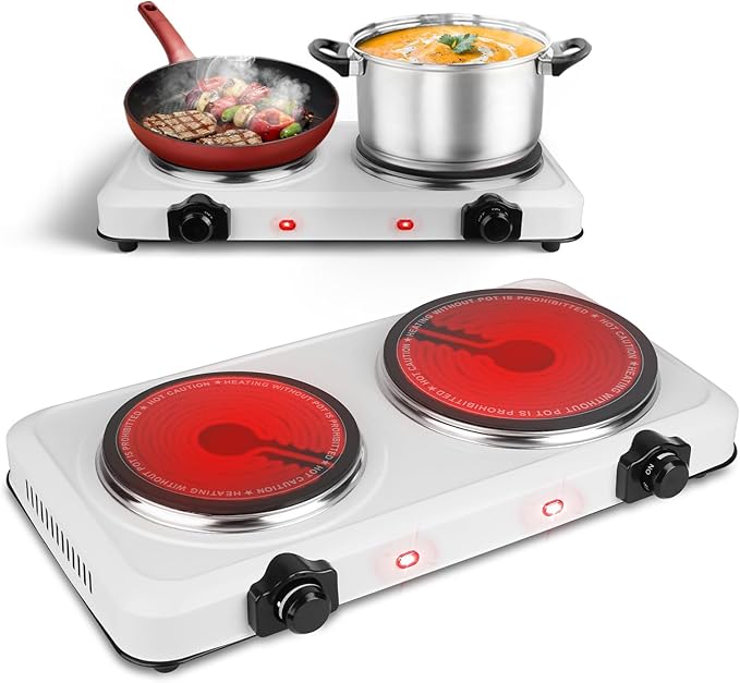 1800W Infrared Double Burner, Portable Hot Plate for Cooking, Countertop Burner with 7.5” & 6.3” Glass Plate Electric Cooktop with Stepless Temperature Adjustments for Home RV Camping