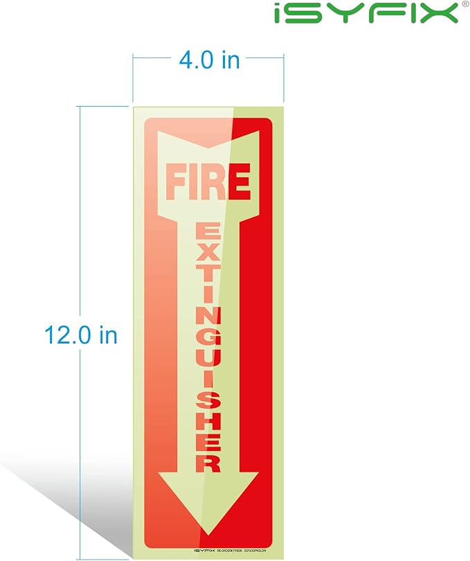 iSYFIX Fire Extinguisher Glow in the Dark Sticker Sign – 12 Pack 4x12 Inch – Premium Self-Adhesive Vinyl, Laminated for Ultimate UV, Weather, Scratch, Water and Fade Resistance, Indoor and Outdoor