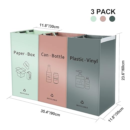 Separate Recycling Bin for Kitchen Home - Indoor Recycle Bins (Pink, Green, Gray) Waste Trash Sorting Bins, Reusable Waterproof Affordable Recycle Bags, Pack of 3 Bags