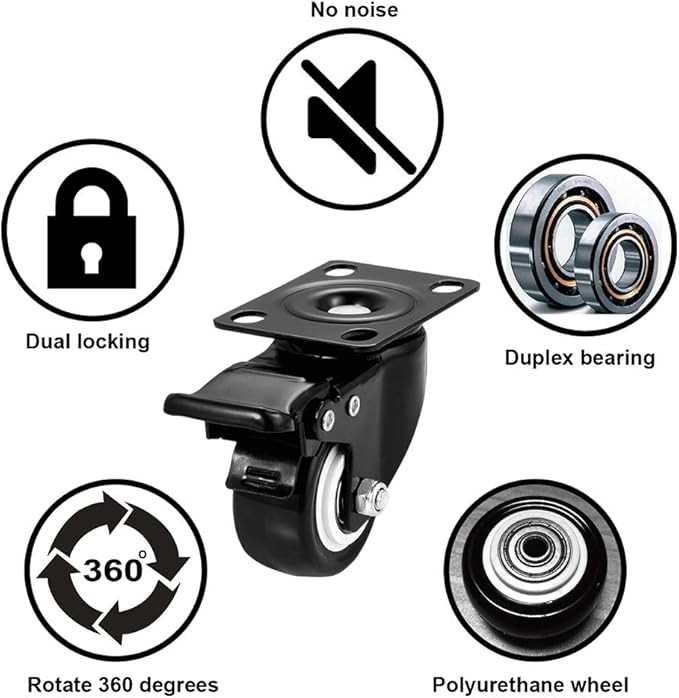 Heavy Duty Locking Caster Wheels with Brake, Non-Marking Swivel Casters Set for Cart & Furniture, 2 Inch Set of 8 / Black