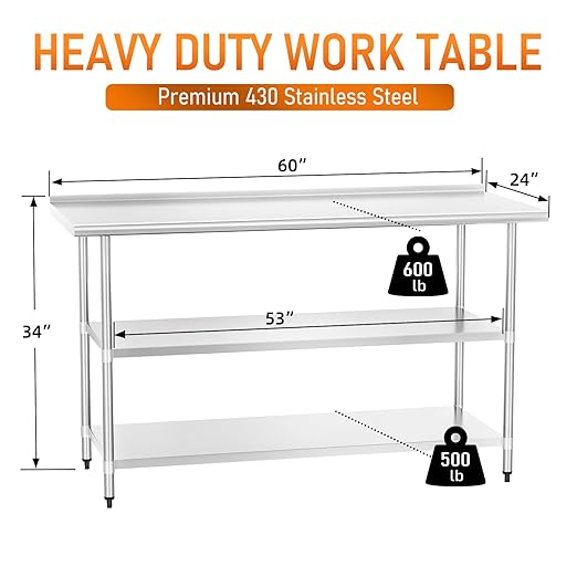 Stainless Steel Table 24" x 60" with 2 Adjustable Undershelves and Backsplash, Commercial Metal Workstations for Kitchen, Garage, Outdoor BBQ