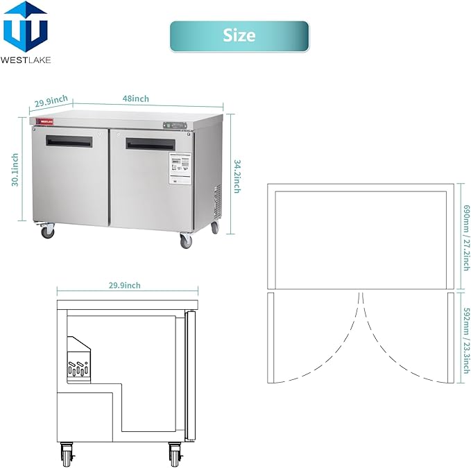 WESTLAKE 48" W Commercial Freezer Worktop Undercounter Freezer 12 Cu.ft Double Door Stainless Steel Counter Fan Cooling Freezer Food Prep Station for Restaurant, Bar