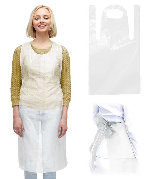ABC PACK & SUPPLY White Plastic Disposable Aprons Adults for Painting, 28 x 46 Inches. Pack of 100 Disposable Plastic Aprons, 1 Mil. Unisex Waterproof Polyethylene Painting Apron for Food Industry
