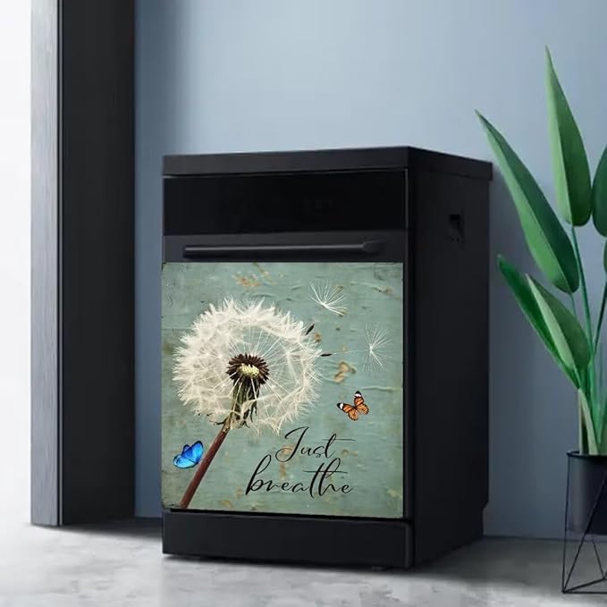 Farm Floral Dandelion Dishwasher Magnet Cover,23"" x 26"" Dishwasher Cover,Retro Countryside Butterfly Magnetic Decal Vinyl Sticker Kitchen Decor Refrigerator Magnets Self Adhesive Wrap, Just Breathe