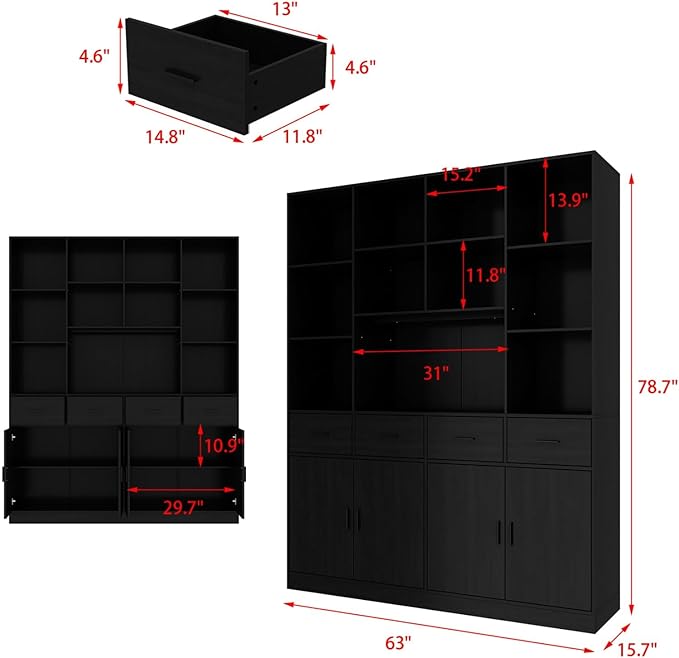 MOUMON Pantry Storage Cabinet with 4 Drawers & 4 Doors, Large Kitchen Pantry Cabinet with Shelves, Hutch Storage for Kitchen Living Room Hallway, Black, 15.7”D x 63”W x 78.7”H