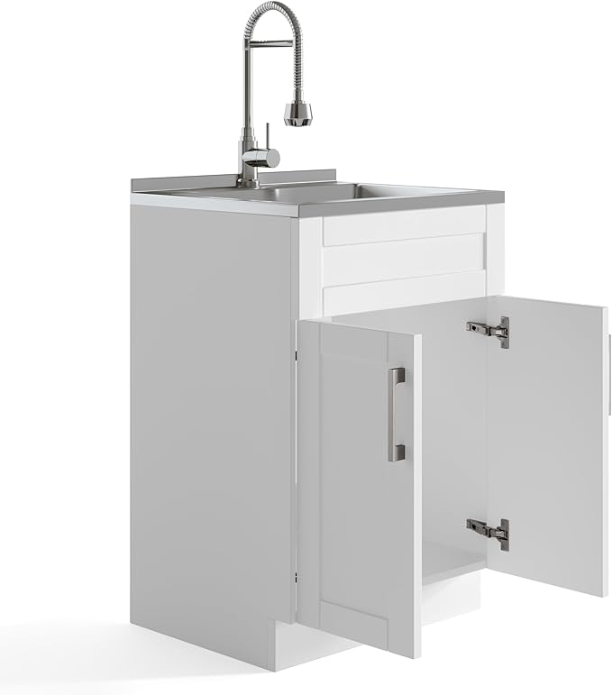 SIMPLIHOME Hennessy All-in-One 24 inch Wide Utility Sink and Laundry Cabinet in Pure White Finish, Transitional Stainless Steel Sink Cabinet for Laundry Rooms with High-Arch Chrome Faucet and Storage