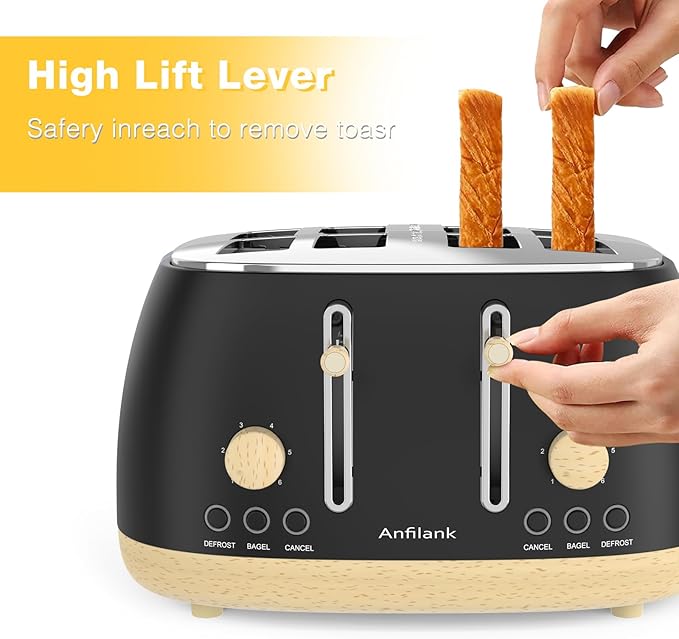Toaster 4 Slice,Retro Stainless Steel Toaster with Extra Wide Slots, Dual Independent Control Panel, Cancel, Bagel, Defrost Function, Removable Crumb Tray, Matt Black