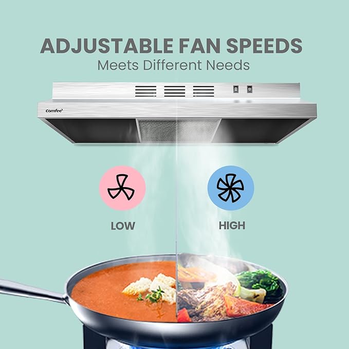 Comfee CVU30W2AST Range Hood 30 Inch Ducted Ductless Vent Hood Durable Stainless Steel Kitchen Hood for Under Cabinet with 2 Reusable Filter, 200 CFM, 2 Speed Exhaust Fan Silver