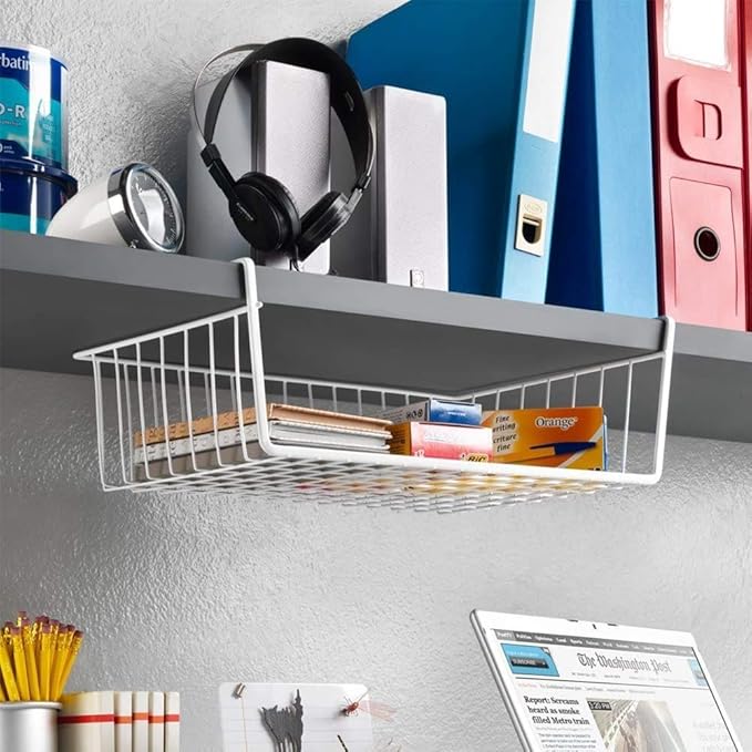 Modern Home Under Shelf Wire Storage Baskets – Hanging Organizer Rack for Cabinet, Pantry, or Closet – White Metal Basket for Kitchen, Towels, or Office – No Tools Required (Set of 4 15")