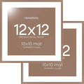 Homeforia Mocha 12x12 Picture Frames, High End Metal 12 x 12 Square Poster Frame with Mat 10 x 10 Photo, 12x12 Mocha Frame Matted to 10x10 Print, 12by12 Thin Frames, Tempered Glass, Wall Kit, Set of 2