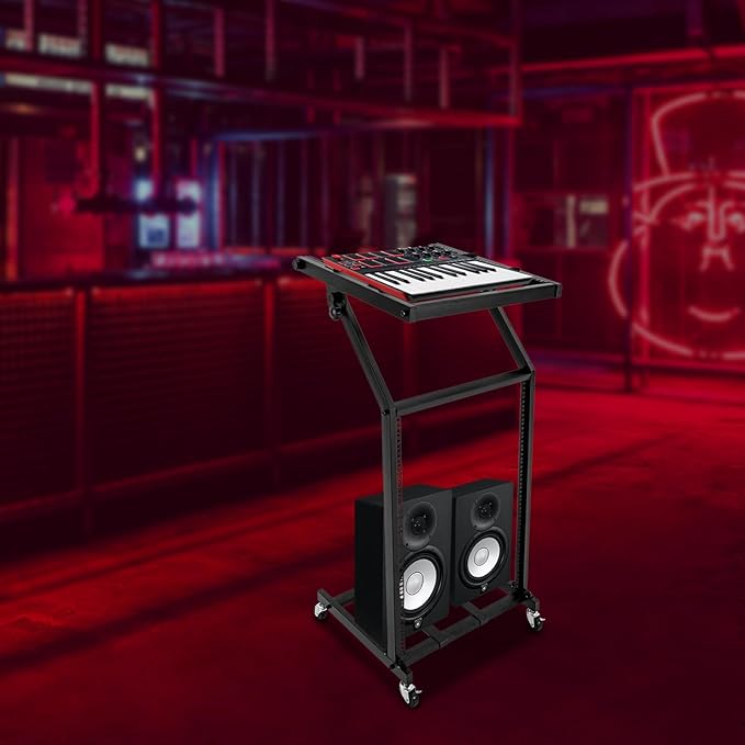 DJ Mixer Stand, 2-Layer Audio Device Rack with 4 Wheels, Audio Studio Mixer Stand for Homes Offices Stage Concert Studio Equipment Rolling Stage Cart (16U)