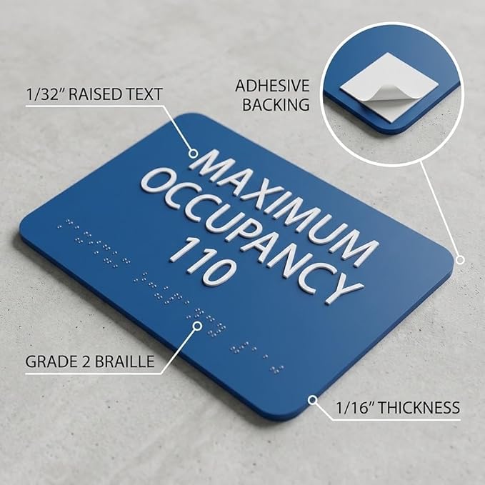 ALPHA DOG ADA SIGNS Custom Maximum Occupancy Sign 4x8 Inch - Personalized Room Capacity Limit Sign with Grade 2 Braille - ADA Compliant Business Signage - Made in USA - Blue