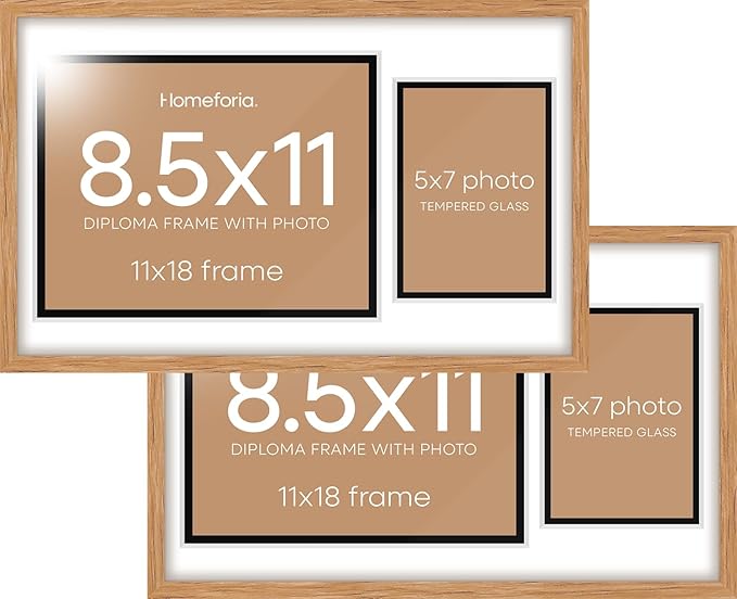 Homeforia 11x18 Diploma Frame with Photo, High End Natural Oak 11 x 18 Certificate Wood Frames with Mat 8.5x11 Diploma and 5x7 Picture, 18x11 Wooden Document Frames, Tempered Glass, Wall Kit, Set of 2