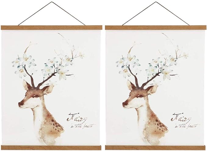 2 Pack Magnetic Poster Hanger Frame, 24x36 24x32 24x18 Light Wood Wooden Magnet Canvas Artwork Print Dowel Poster Hangers Frames Hanging Kit (Teak Wood, 24", 2 Packs)